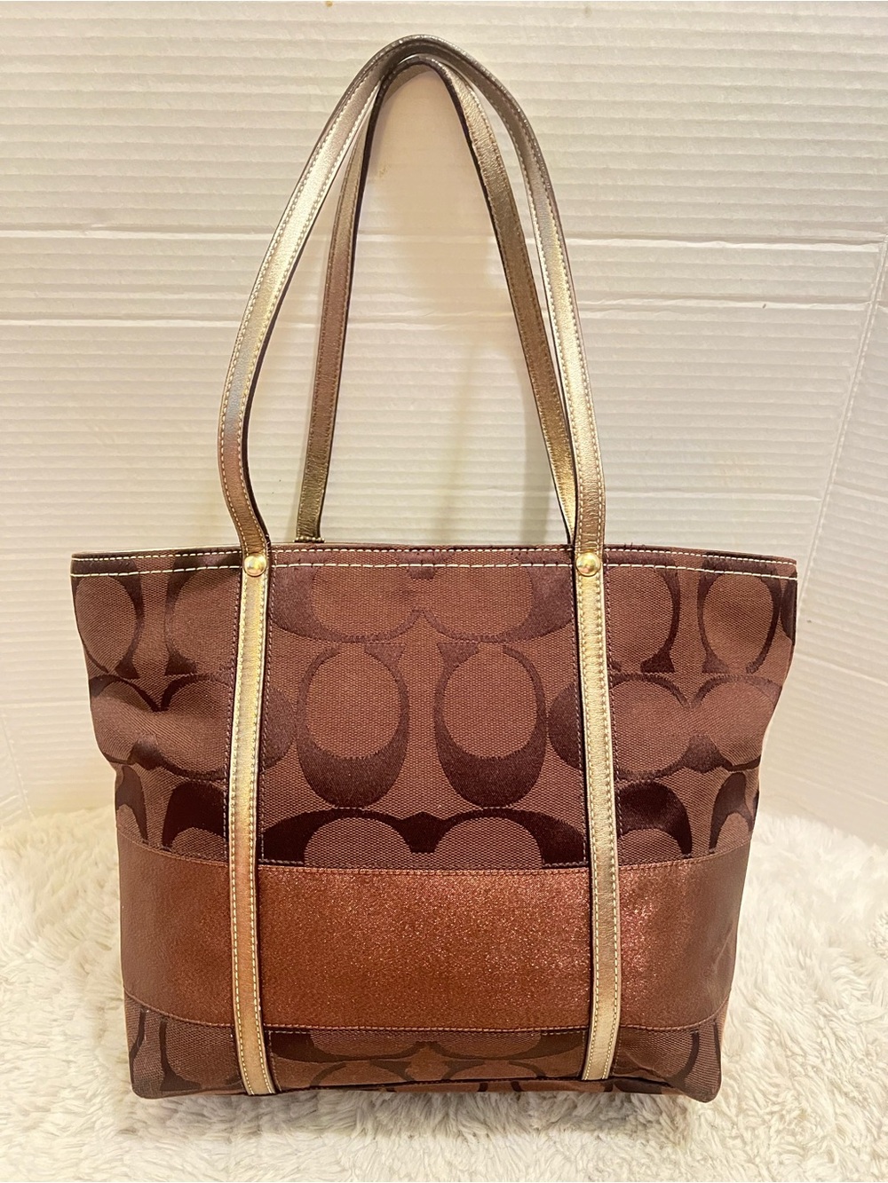 Coach Vintage y2k Brown and Gold Signature Stripe Metallic Copper Tote - Picture 3 of 11